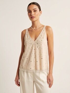 LOFT Sequin Embellished Mesh Overlay V-Neck Camisole Tank Top Champagne Blush NW
